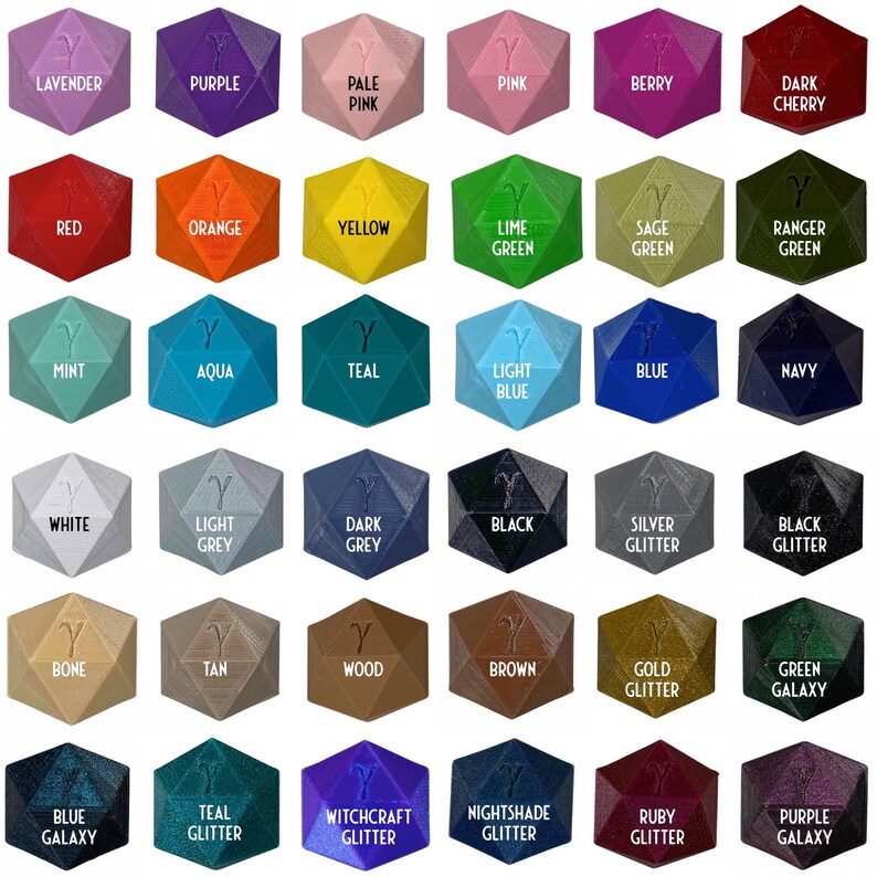 May include: A collection of 36 dice in various colors and finishes, including glitter, galaxy, and wood. Each die is a 12-sided shape with a letter Y on each face.