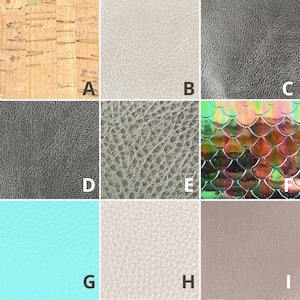 May include: Nine different fabric swatches, including cork, leather, and iridescent scales. The swatches are arranged in a grid with letters A through I labeling each swatch.
