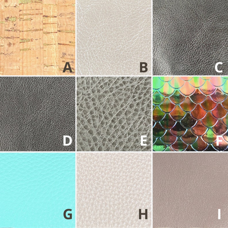 May include: Nine different fabric swatches, including cork, leather, and iridescent scales. The swatches are arranged in a grid with letters A through I labeling each swatch.