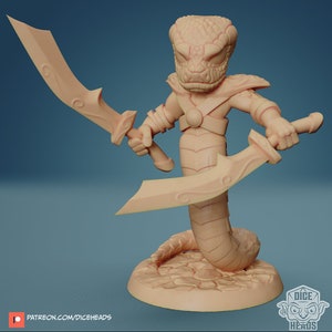 Snake Warrior Chibi Miniature, Dice Heads, TTRPG mini, Dnd, Pathfinder, Resin Miniature, 3D printed mini