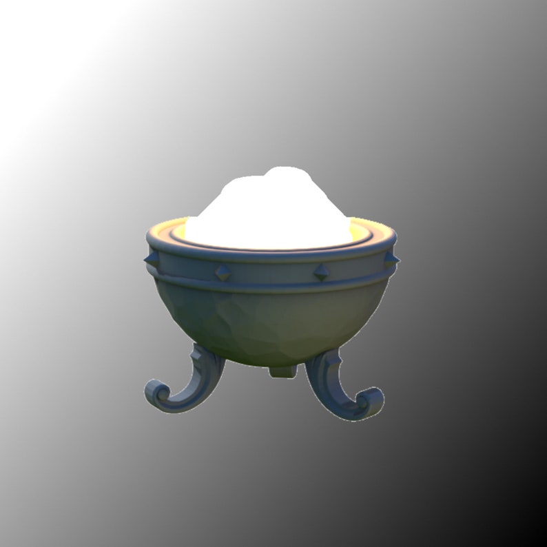 May include: A silver cauldron with three legs and a white glowing light inside.