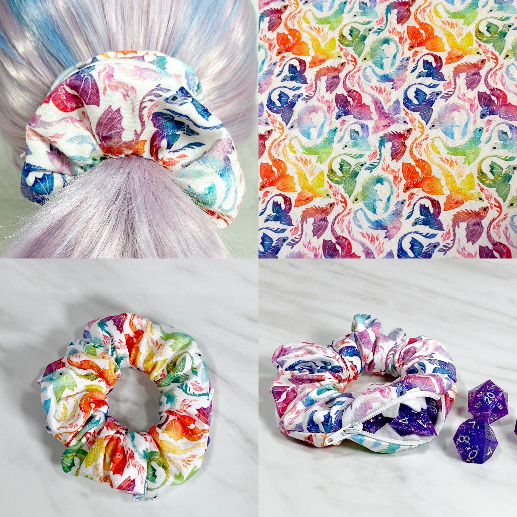 Velvet Dragon Zipper Scrunchie, Mimic, Stashie, Dnd, RPG, Gaming