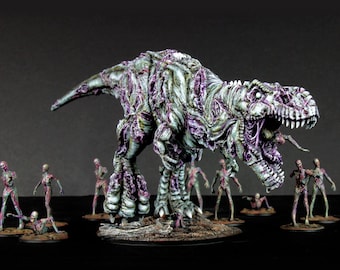 Zombie T-Rex and Zombies, Jurassic Tribe, Tyrannosaurus Rex, Dinosaur, Dnd, Resin Miniature, 3D printed mini