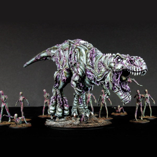 Zombie T-Rex and Zombies, Jurassic Tribe, Tyrannosaurus Rex, Dinosaur, Dnd, Resin Miniature, 3D printed mini