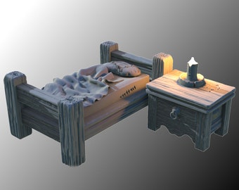 Bed- en nachtkastje led-fantasieminiaturen, lichteffect, DnD, TTRPG, verstrooid terrein, 3D-harsprint