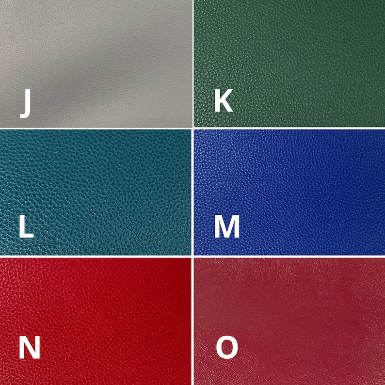 May include: Five different color swatches of leather material. The swatches are labeled J, K, L, M, and O. The colors are light gray, dark green, teal, blue, and burgundy.