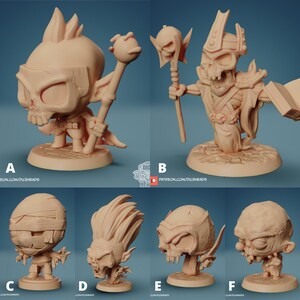 May include: Six miniature skeletal figures with different poses and accessories. The figures are painted in a light brown color and have detailed facial features. The figures are standing on circular bases.