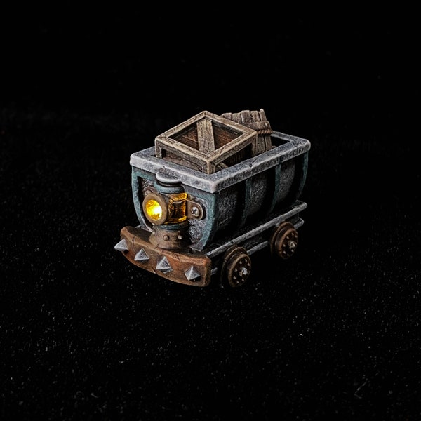 Carrinho de mina, miniaturas de fantasia com LED, efeito de luz, D&D, RPG de mesa, terreno disperso, impressão em resina 3D
