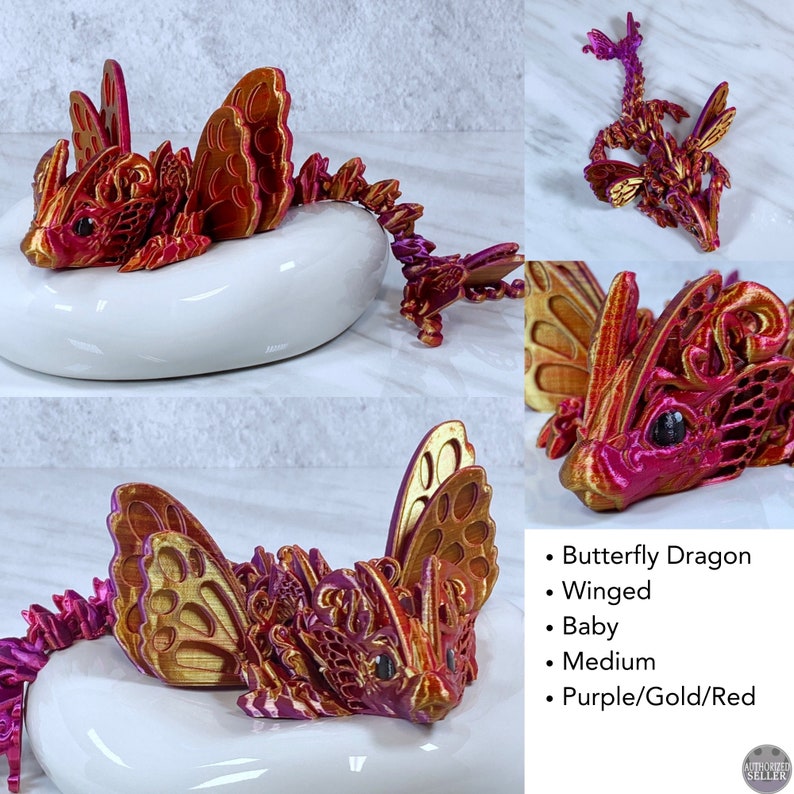 May include: A small, winged, purple, gold, and red butterfly dragon figurine. The dragon is in a curled up position with its wings spread out. The dragon is made of a 3D printed material.