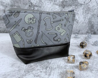 Gray Inventory Zipper Bag, Dice Bag, Geeky Bag, Makeup, RPG, Clutch, Dice, Dnd