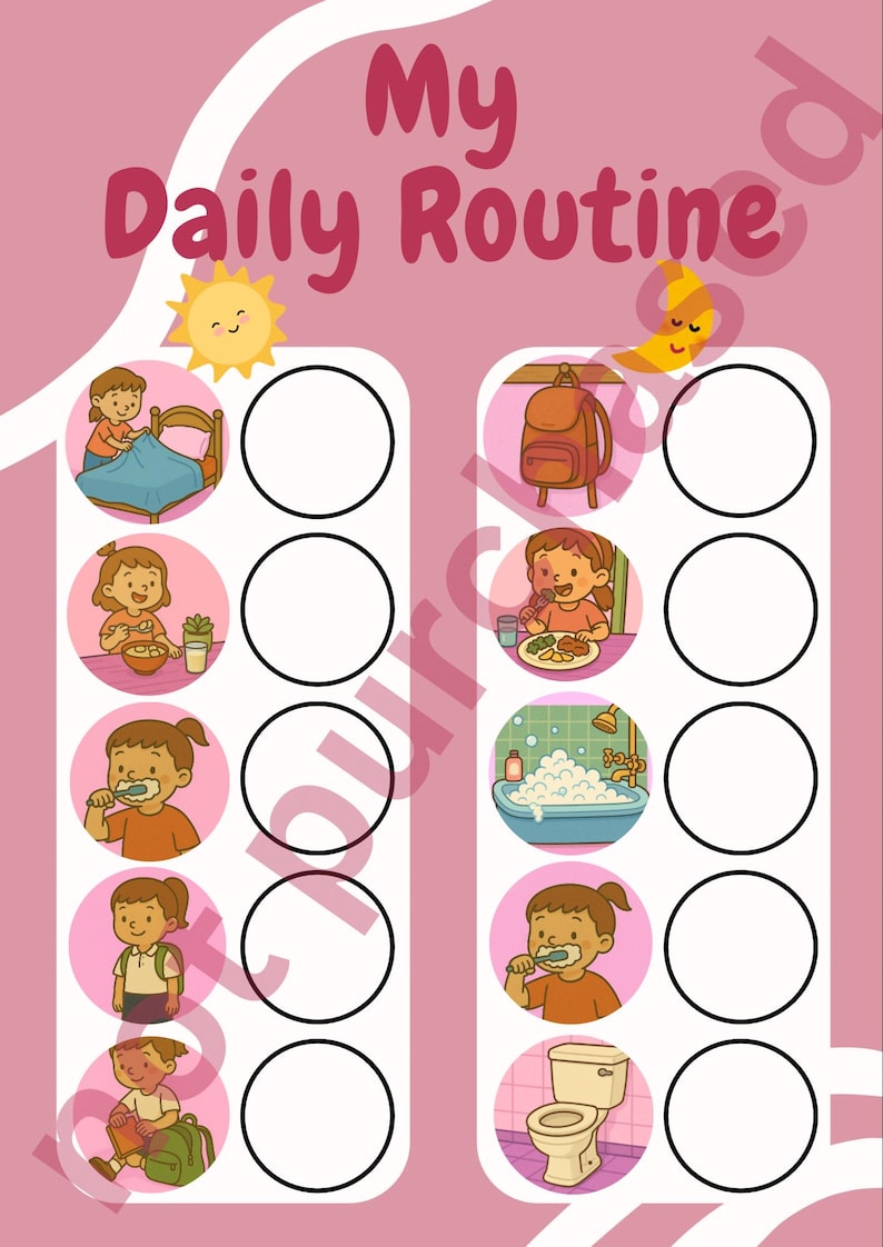 Pink Daily Routine Printable Pink Kids Daily Routine Chart - Daily Learning - Autonomy Learning - AM ...