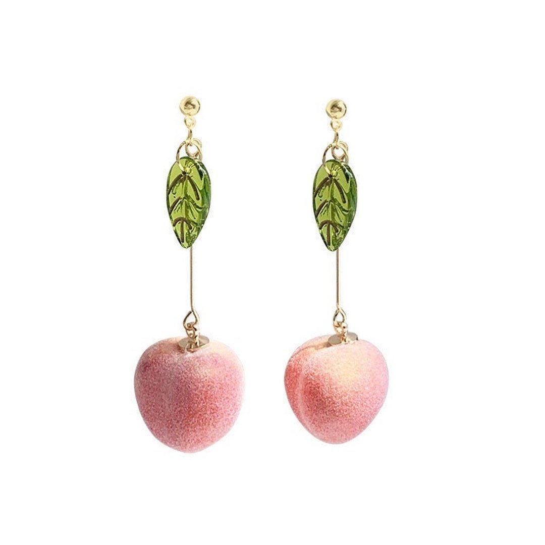Fluffy Pink Peach Earrings With Green Leaf Fruit Earrings Etsy