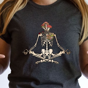 Skeletons Yoga Shirt, Halloween Shirt, Yoga Lover Shirt, Meditation Shirt, Yogi Shirt, Skeleton Shirt, Skull with mushrooms and flowers