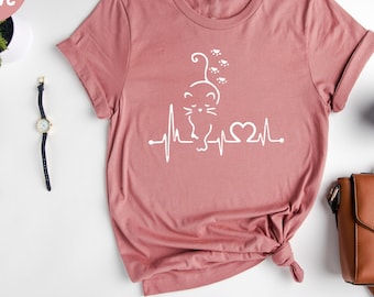 Cat Heartbeat Shirt, Cat Lover Gift, Fur Mama T-Shirt