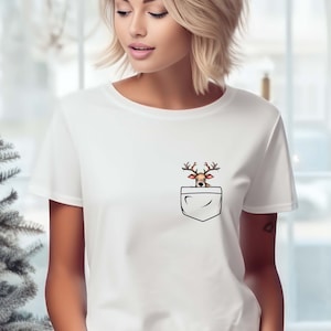 Deer Head Pocket Shirt For Woman, Christmas Deer Pocket Shirt, Winter Holiday Reindeer Shirt,Deer In Pocket Shirt,Reindeer Pocket Sweatshirt