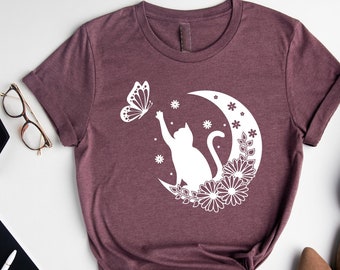 Floral Cat T-Shirt, Cat and Butterfly Tee, Gift For Her