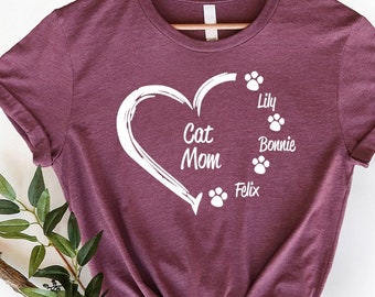 Personalized Cat Mom Shirt: Custom Cat Name & Paw Heart Tee