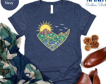 Mountain Sunset Tee, Mountain Heart Shirt, Mountain Gift Shirts, Wanderlust T-shirt, Adventure Shirt, Camping T-shirt, Nature Lover Shirt