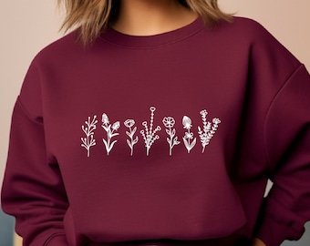 Floral Sweatshirt, Wildflower Botanical Print, Nature Lover Hoodie