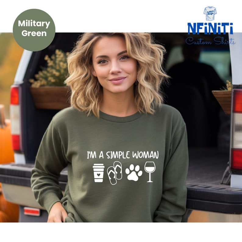 Coffee Dog Wine Sweatshirt: Simple Woman Graphic Tee image 1