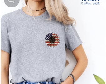 America Sunflower Pocket Shirt, Usa Flag Flower Pocket Tee, 4th Of July Flag Graphic Tshirt, July 4th Sunflower Flag Shirt,American Flag Tee