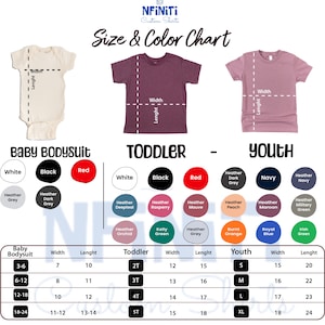 May include: Size and colour chart for baby bodysuits, toddler shirts, and youth shirts. The chart shows different sizes and colours available for each type of garment. The chart includes measurements for width and length in inches.