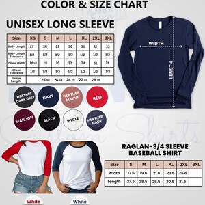 May include: Unisex long sleeve t-shirt size chart with measurements in inches. The chart shows sizes XS to 3XL. The chart also shows the width and length of the shirt. The chart is next to a navy blue long sleeve t-shirt. Below the chart are color swatches for heather dark grey, navy, heather mauve, red, maroon, black, white, and heather navy. Below the color swatches are two images of baseball shirts. One is white with red sleeves and the other is white with navy sleeves. The baseball shirt size chart shows sizes S to 3XL with measurements in inches for width and length.