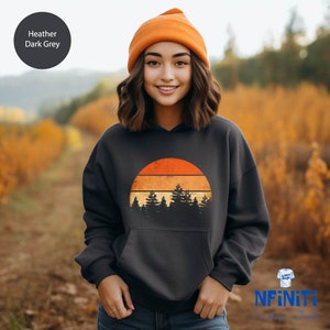 Retro Camping Hoodie: Forest Sunset Graphic, Nature Lover Gift