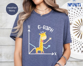 May include: A heather navy blue t-shirt with a white graphic of a giraffe on a graph. The text "G-Raph" is above the giraffe.