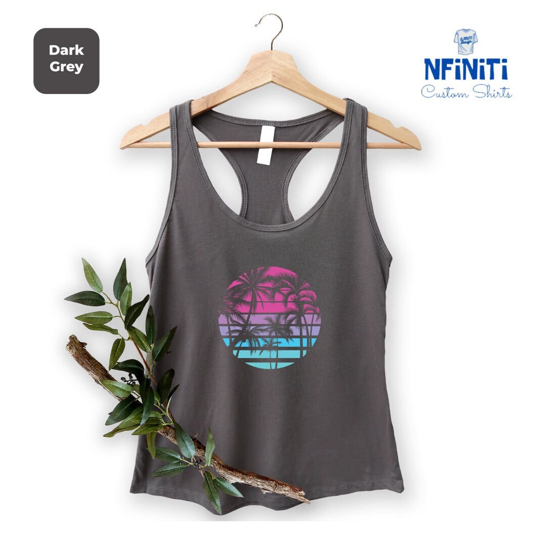 Tropical Island Tank Top, Palm Trees on the Beach at Sunset Racerback