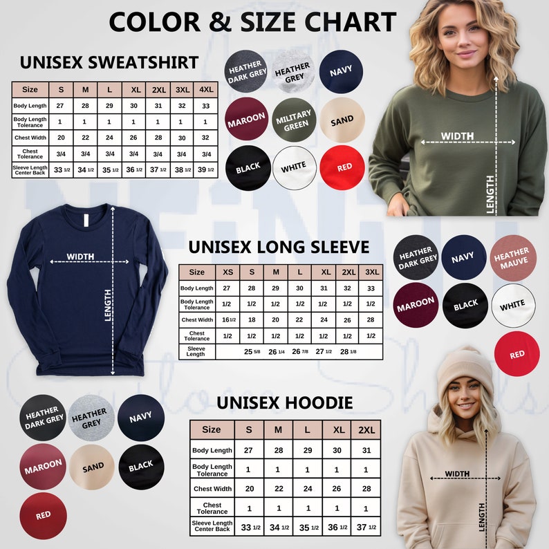 May include: Color and size chart for unisex sweatshirts, long sleeves, and hoodies. The chart includes measurements for body length, chest width, and sleeve length, with color swatches in various shades like heather gray, navy, and maroon.