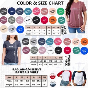 The image is a color and size chart for a baseball shirt, showing various colors and sizes available for different women's styles.
