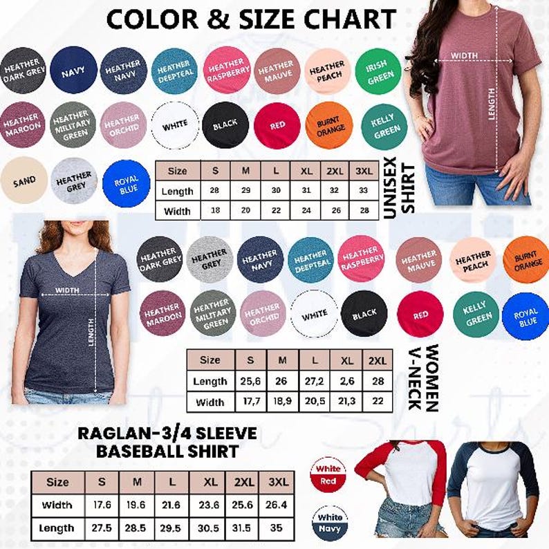 The image is a color and size chart for a baseball shirt, showing various colors and sizes available for different women's styles.