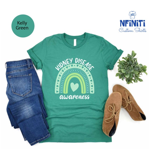 Green Kidney Disease Awareness T-Shirt: Rainbow Heart Support Tee