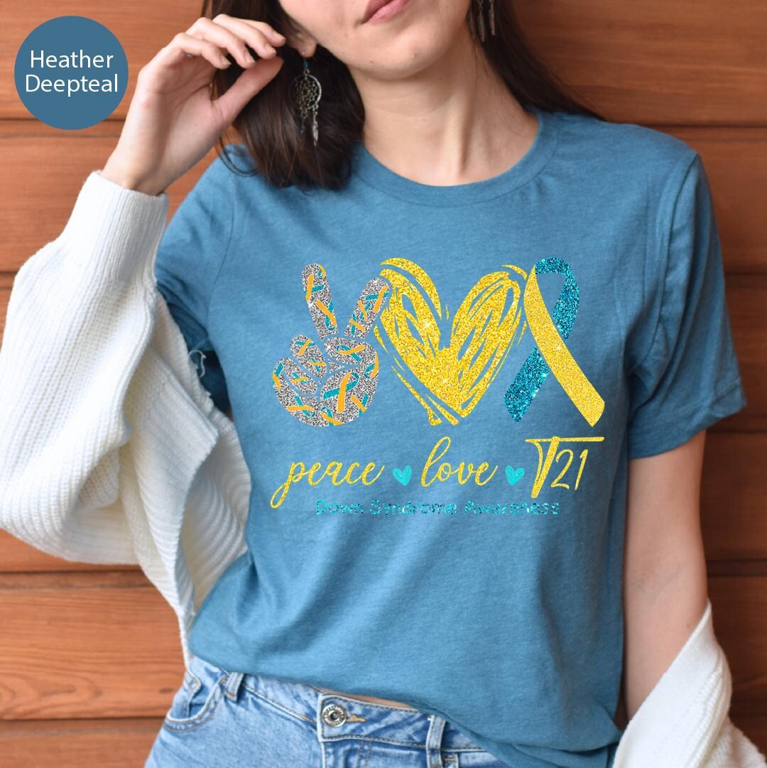 Peace Love T21 Tee, Down Syndrome Awareness Gift, Trisomy 21 Ribbon ...