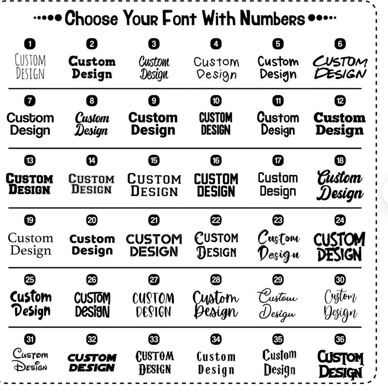 May include: A chart with 36 different font styles for the phrase "Custom Design". Each font style is numbered from 1 to 36.