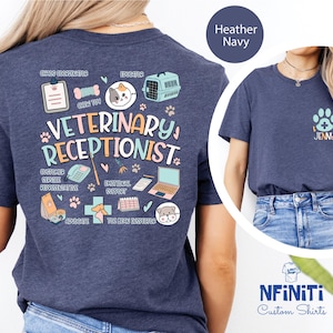 Custom Name Heart & Paw Pocket Print Shirt, Veterinary Receptionist Front Back Shirt, Veterinary Reception Gift Tees,Vet Receptionist Tshirt