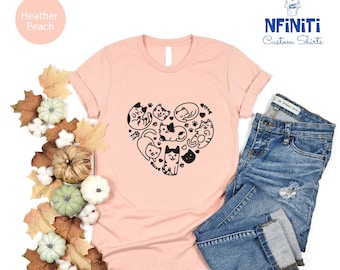 Cat Doodle Heart Shirt, Cottagecore Cat Lover T-shirt