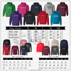 K&ouml;nnte beinhalten: Eine Gr&ouml;&szlig;entabelle f&uuml;r Unisex-Hoodies, Langarmshirts und Sweatshirts. Die Tabelle zeigt die Ma&szlig;e f&uuml;r K&ouml;rperl&auml;nge, K&ouml;rperbreite und &Auml;rmell&auml;nge in Zoll. Die Tabelle enth&auml;lt auch eine Farbtabelle mit verschiedenen Farboptionen f&uuml;r jede Art von Kleidungsst&uuml;ck.