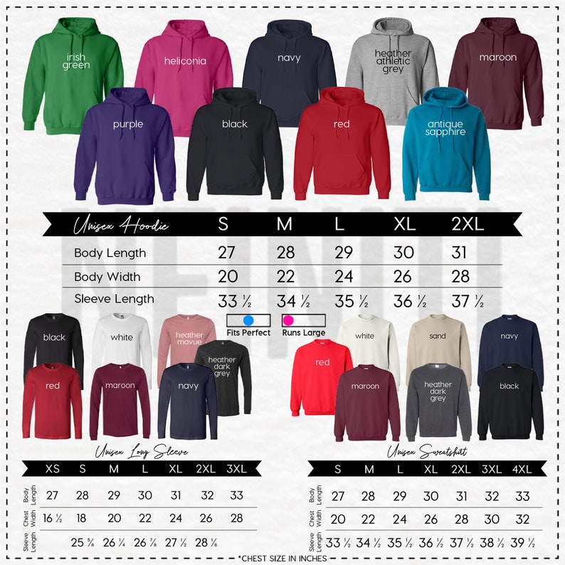K&ouml;nnte beinhalten: Eine Gr&ouml;&szlig;entabelle f&uuml;r Unisex-Hoodies, Langarmshirts und Sweatshirts. Die Tabelle zeigt die Ma&szlig;e f&uuml;r K&ouml;rperl&auml;nge, K&ouml;rperbreite und &Auml;rmell&auml;nge in Zoll. Die Tabelle enth&auml;lt auch eine Farbtabelle mit verschiedenen Farboptionen f&uuml;r jede Art von Kleidungsst&uuml;ck.