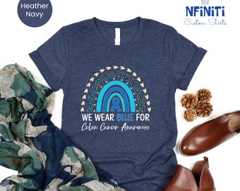Colon Cancer Awareness Shirt: Rainbow Blue Ribbon Tee