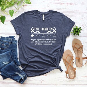 K&ouml;nnte beinhalten: Ein dunkelblaues T-Shirt mit einem wei&szlig;en Band und dem Text "TYPE 1 DIABETES" mit einer Ein-Sterne-Bewertung. Der Text darunter lautet "Way to expensive, hard to manage, And didn't come with instructions Would not recommend."