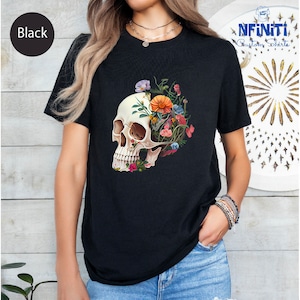 Floral Skull Shirt, Fall Season Skull Flower Shirt, Bloom Skull Shirt, Skeleton Blooms Halloween Tshirt, Halloween Gifts, Skull Scary Shirt