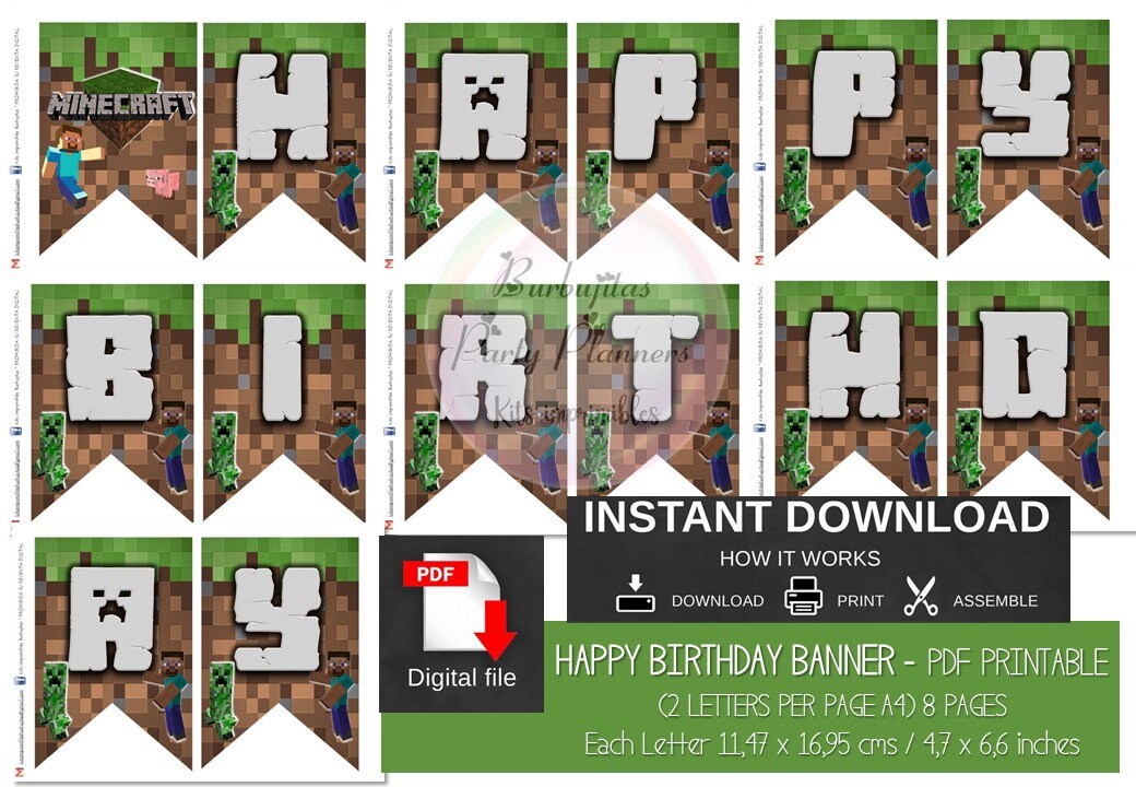 minecraft pdf printable banner happy birthday alphabet etsy