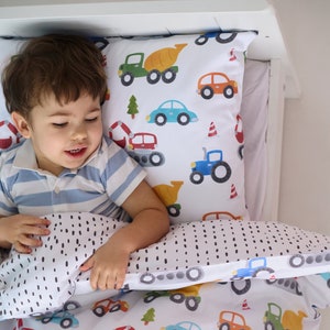 乗り物掛け布団カバー、男の子用ベビーベッド寝具セット、車セット、サテン掛け布団カバー、男の子用カバー + ギフト無料 - 枕カバー!