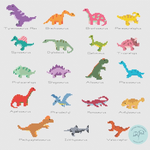 Dinosaur Minis Cross Stitch Pattern PDF - Baby Dino Figures