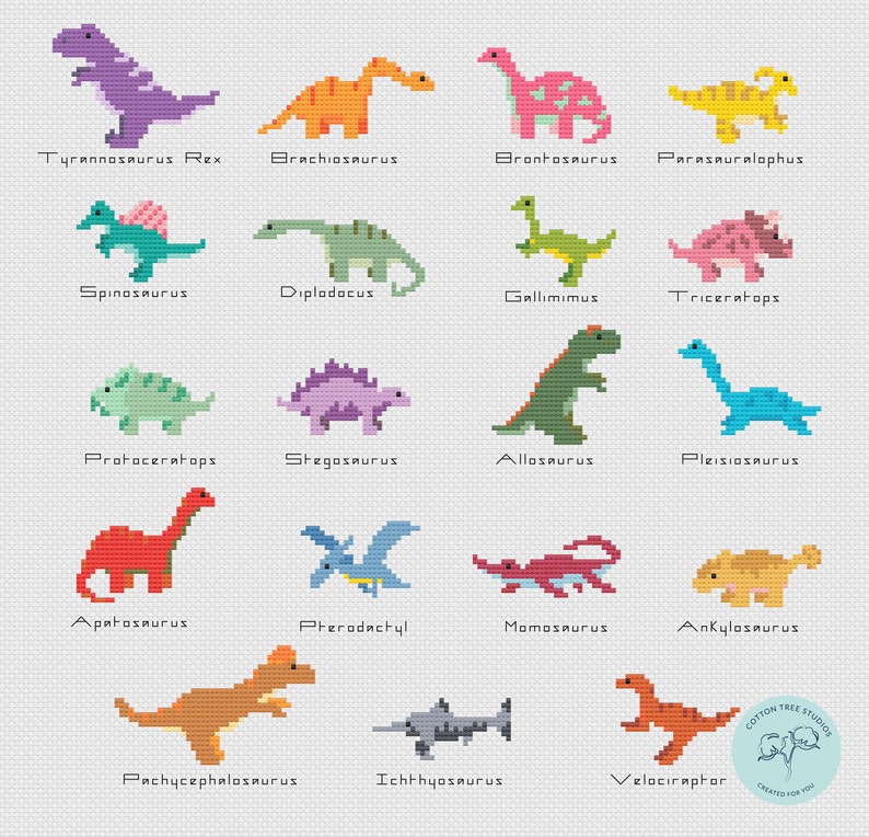 Dinosaur Minis Cross Stitch Pattern PDF Baby Dino Figures image 1