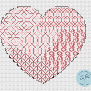 May include: Red and white geometric pattern cross stitch design in the shape of a heart. The design is outlined in black.