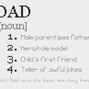 May include: A black and white illustration of the word "DAD" with the definition of the word as a noun. The definition includes four bullet points: male parent, hero/role model, child's first friend, and teller of awful jokes. The text "Their Dad was the best man they knew" is at the bottom of the image.
