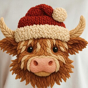 May include: A cream-colored t-shirt featuring a detailed illustration of a Highland cow wearing a red and cream Santa hat. The cow has brown fur, a pink nose, and large, expressive eyes. The shirt is a festive design for the holiday season.
